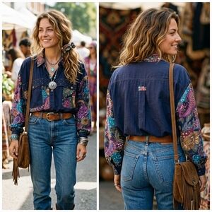 Sunny Leigh L Vintage 90s Eclectic Bohemian Western Floral Paisley Silk Shirt